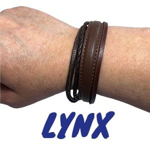 LYNX Stainless Steel and Leather Mens Bracelet NWOT